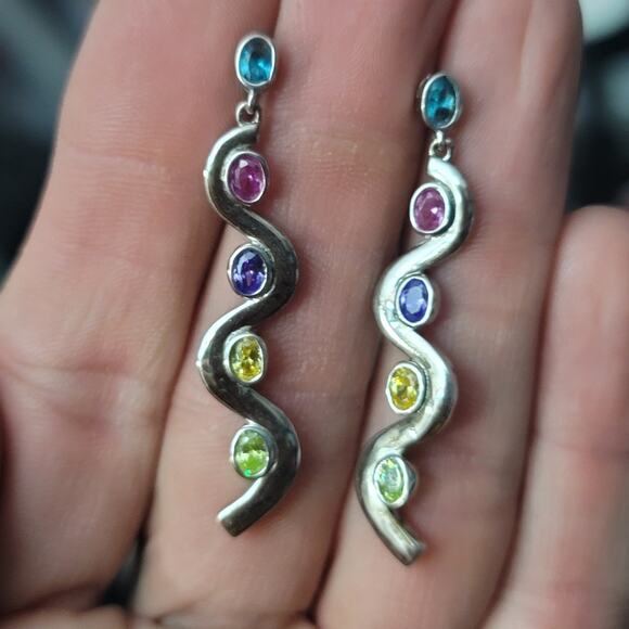 Sterling Silver Multi Stone Squiggly Dangle Earrings - Picture 2 of 9